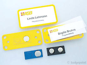 Badgepoint - Name tag systems - We make your name visible fra Dansk Erhvervsbeklædning. - som Standardprodukter, Individuelle produkter, og som Brancheløsninger: Navneskilte, Reversskilte, Bordskilte, Kampagneskilte, Badge, med tryk og gravering, efter opgaven.