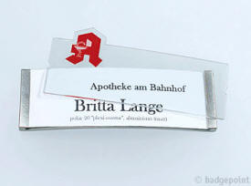Badgepoint - Name tag systems - We make your name visible fra Dansk Erhvervsbekl�dning. - som Standardprodukter, Individuelle produkter, og som Branchel�sninger: Navneskilte, Reversskilte, Bordskilte, Kampagneskilte, Badge, med tryk og gravering, efter opgaven.
