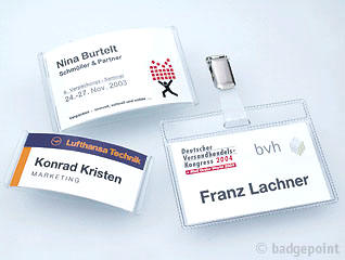 Badgepoint - Name tag systems - We make your name visible fra Dansk Erhvervsbekl�dning. - som Standardprodukter, Individuelle produkter, og som Branchel�sninger: Navneskilte, Reversskilte, Bordskilte, Kampagneskilte, Badge, med tryk og gravering, efter opgaven.