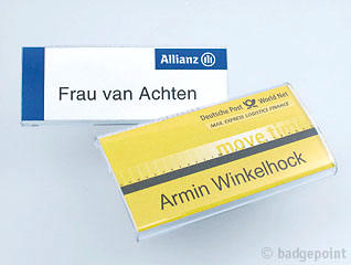 Badgepoint - Name tag systems - We make your name visible fra Dansk Erhvervsbekl�dning. - som Standardprodukter, Individuelle produkter, og som Branchel�sninger: Navneskilte, Reversskilte, Bordskilte, Kampagneskilte, Badge, med tryk og gravering, efter opgaven.