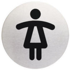 38416 33019. Symbolskilt til praktisk rumidentifikation. Leveres i b�rstet st�l med sort skrift. Nem og praktisk montering, da skiltet er selvkl�bende p� bagsiden. Format: � 8,3 cm&nbsp;