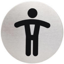 38416 33020. Symbolskilt til praktisk rumidentifikation. Leveres i b�rstet st�l med sort skrift. Nem og praktisk montering, da skiltet er selvkl�bende p� bagsiden. Format: � 8,3 cm&nbsp;