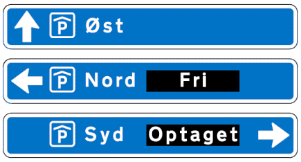 Eksempel p� fast F33.2-parkeringstabelvejviser sammen med variable F33.2V-parkeringstabelvejvisere