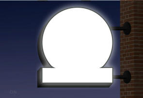 Et eksempel på udhængsskilt med vægbeslag, der dekoreres individuelt efter opgave, baggrundsbelyst