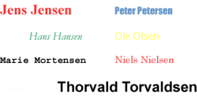 Eksempler p� navne, der kan leveres i flere st�rrelser, fonte og farver efter opgave.