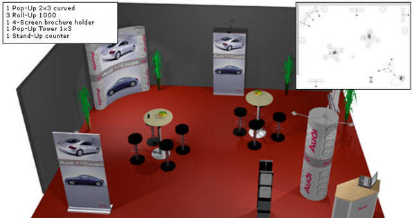 Eksempel; Pop Up holder 2 x 3 curved - Roll Up 1000 - 4-screen brochure holder - Pop up Tower 1 x 3 - Stand-Up counter 44516x