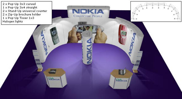 Pop-Up 3 x 3 curved - Pop-Up 3 x 4 straught - Stand-Up universal counter - Zip-Up brochure holder - Pop-Up Tower - Halogen lights 44516x