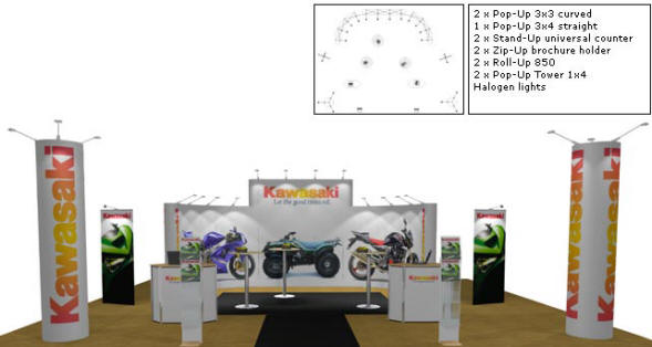 Pop-Up 3 x 3 curved - Pop-Up 2 x 4 straught - Stand-Up universal counter - Zip-Up universal counter - Rool-Up - Pop-Up 850 - Pop-Up Tower - Halogen lights 44516x