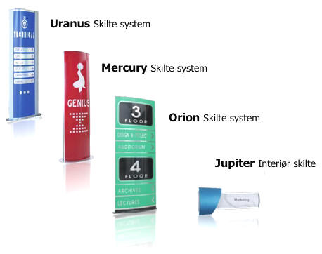 Uranus Skilte system . Mercury skiltesystem - Orion skiltesystem - Jupiterskiltesystem - vlg selv - kontakt Dansk Skilte Reklame!