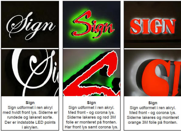 LED-skilte og bogstaver produceret efter Deres krav, bl.a. udført som tegn ren acryl med front indstøbte LED-point