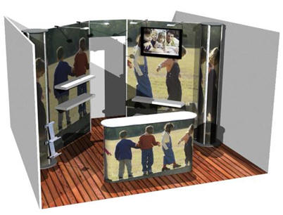 Udstillengs- og messesystemer: Case: 16 m2 Sidestand, lukket på 3 sider, Stand mål; 4 x 4 m., højde 245 cm..