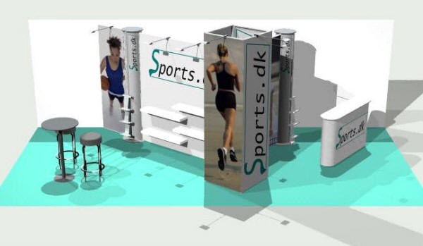 Messe- og udstillingssystemer: Case: 32 m2 (B) Åben stand med bagvæg, standmål; 4 x 8 m. med en højde på 245 eller 305 cm..
