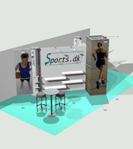 Messe- og udstillingssystemer: Case: 32 m2 (B) Åben stand med bagvæg, standmål; 4 x 8 m. med en højde på 245 eller 305 cm..