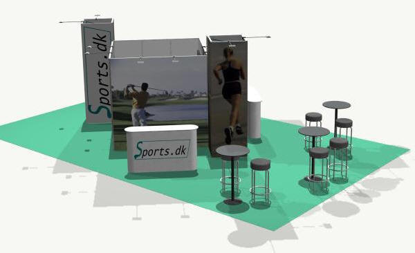 Messe- og udstillingssystemer: Case: 60 m2 Åben stand, standmål; 6 x 10 m., med en højde på 245 eller 305 cm..