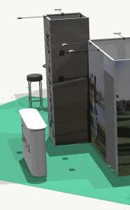 Messe- og udstillingssystemer: Case: 60 m2 Åben stand, standmål; 6 x 10 m., med en højde på 245 eller 305 cm..