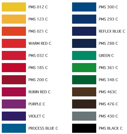 For pakketape er det g�ldende at alle leverancer fordre en fuldgyldig vurdering af farvevalget - her medgives standardfarverne. Farverne her er vist som sk�rmfarver og vil variere i forhold til det trykte tape.