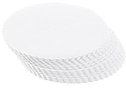 Kopunderlag bliver bl. a. trykt p� st�rkt sugende hvidt papir og leveres runde, � 80 mm., med b�lget kant.
