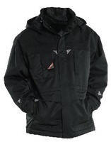 Parkajakke Model: 1180-912-20 Ensfarvet parka med forst�rkning p� skuldre og �rmer. Fiberpels og nylonquilt som for. Funktionslommer: Mobiltelefonlomme med klap p� bryst, blyant- og stiklomme. Cargolommer med stiklommer. Indvendig lynl�slomme. Indstillelig krave. H�tte med plads til arbejdshjelm. H�tten kan lynes af og placeres i inderlommen. 