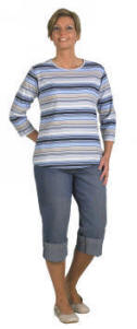 FD0300/ 40/60 % p/b Dame T-shirt stribet med 3/4-�rmer XS -L 3XL 40/60% polyester/bomuld, 220 g/m2 LYSEBL�/SAND BORDEAUX/SAND