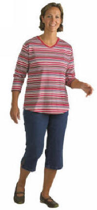 FD0500/ 40/60 % p/b Dame T-shirt stribet med V-hals XS - 3XL 40/60% polyester/bomuld, 220 g/m2 R�D/DENIM OCEAN/D. GREEN