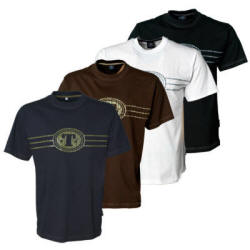 T-shirt med rund hals, T-tryk og kontraststikninger. 100% bomuld, 180 g/m2