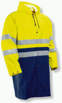 Dess.: 333801565-58-2167 Fluorescerende regnjakke, kl. 3, 100 cm. lang, hætte, justerbar