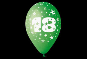 18 år. Dess.: 41100. Rund standardfarvet ballon med globaltryk