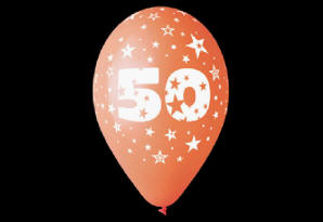50 år. Dess.: 41100. Rund standardfarvet ballon med globaltryk
