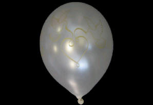Duer på Perlemor ballon. Dess.: 41200. Rund metallic ballon med globaltryk. Motiv: Duer