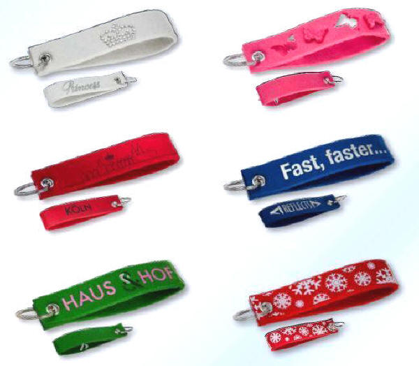 N�gleringe.  St�rrelse: For eksempel 30 mm. bredde, kan produceres i enhver st�rrelse. Logo: Broderet eller p�trykt logo. Farve: Enhver farve er mulig efter Pantoneskalaen.