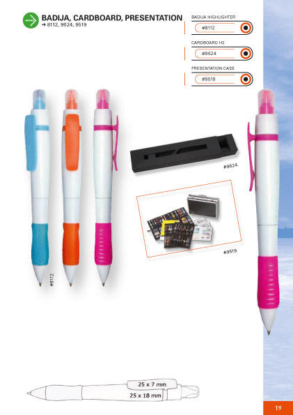Badija 8112, Cardboard 9624, Presentation 9519 Str�artikler, s�som kuglepenne, linere, og fyldepenne med tryk, pr�g, og gravering produceres efter opgave - og mulighederne er uendelige.