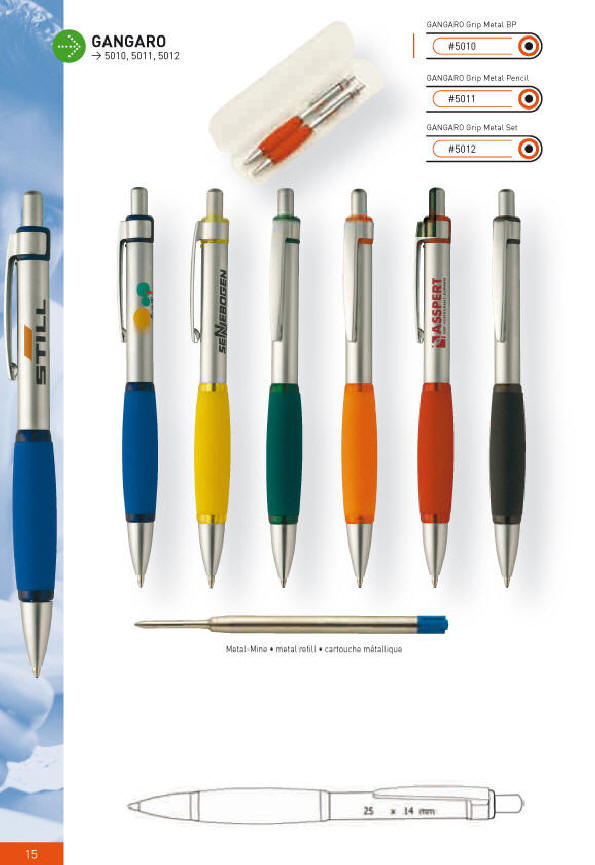  Gangaro 5010, 5011, 5012 Str�artikler, s�som kuglepenne, linere, og fyldepenne med tryk, pr�g, og gravering produceres efter opgave - og mulighederne er uendelige.
