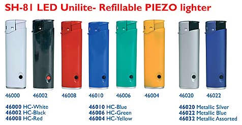 PIEZO Led Lighteren, med tryk, pr�g og gravering.
