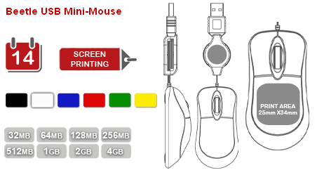 Beetle USB Mini-Mouse har små dimensioner, en smuk fremtoning, og findes i 6 anderledes farver.