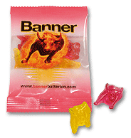 Frugtvingummi Specialformer Mini Reklame uden på og inden i med Deres logo som frugtvingummi.